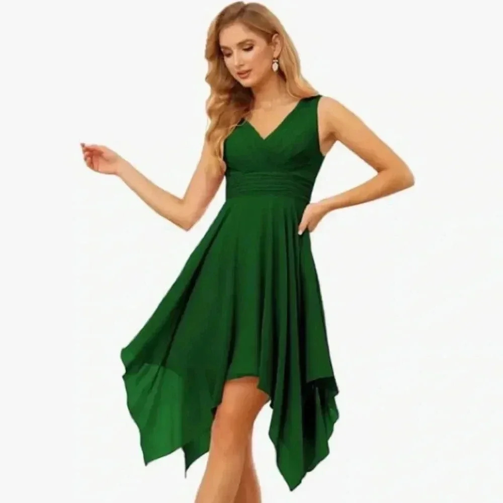 V-Neck ruched waist chiffon dress